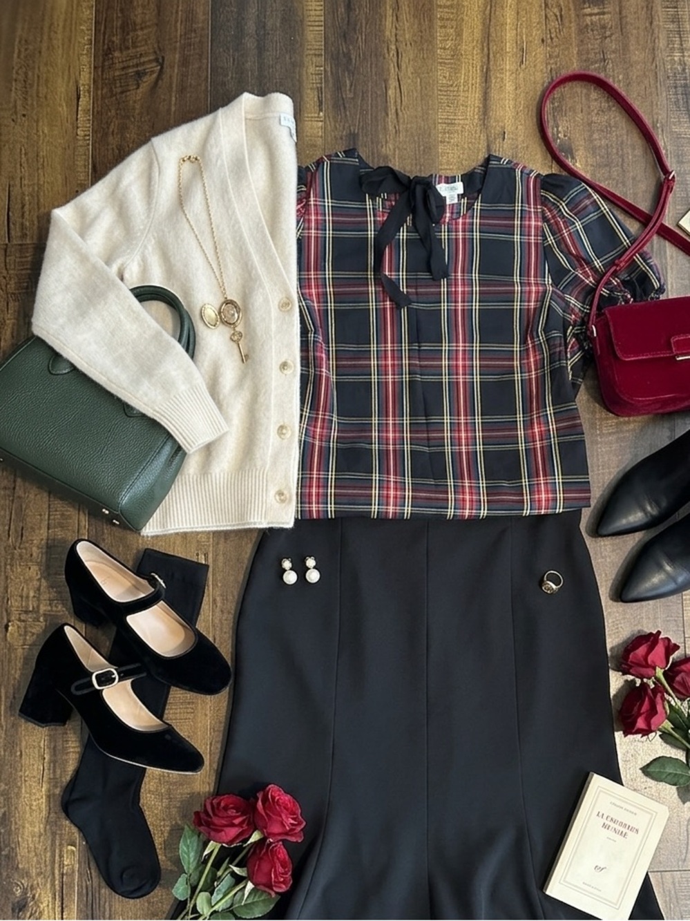 J. Crew Black Plaid Top with Red & Green Stripes